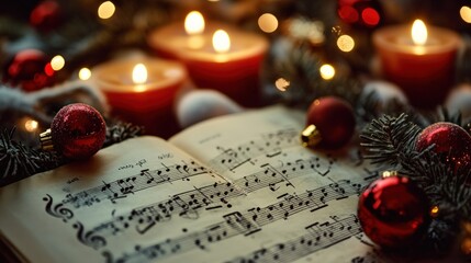 Open music book with sheet music on a table with Christmas decorations, including red ornaments, candles, and evergreen branches.