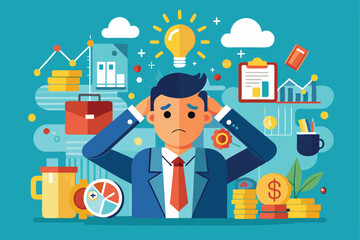 A worried professional surrounded by financial symbols and office items, highlighting money-related anxiety, Customizable illustration for money stress in a simple flat style.