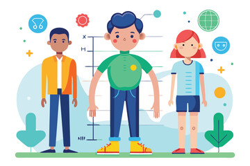 Three children stand together in a vibrant illustration, representing different aspects of occupational therapy, Customizable flat illustration for occupational therapy.