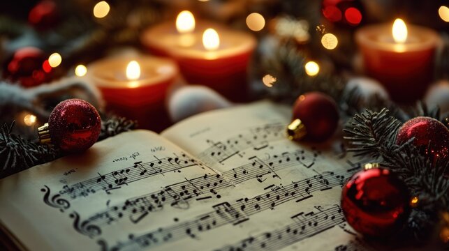 Open music book with sheet music on a table with Christmas decorations, including red ornaments, candles, and evergreen branches.