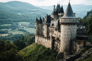 Medieval stone castle overlooking countryside