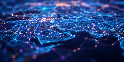 Abstract map of Saudi Arabia, Middle East, and North Africa, depicting the concept of global network and connectivity, data transfer, and cyber technology.