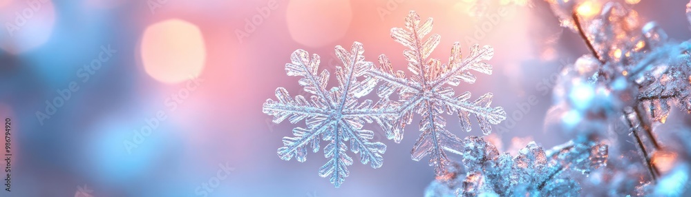 Poster delicate snowflake sparkling against a colorful winter background, creating a serene and magical atm