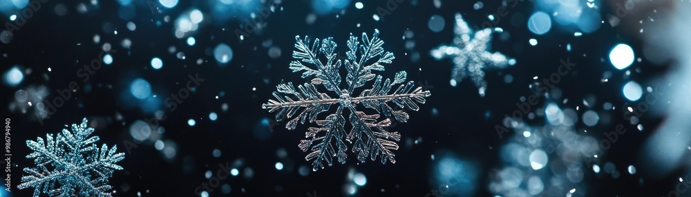 Poster a close-up view of a delicate snowflake falling through a shimmering blue winter atmosphere, creatin