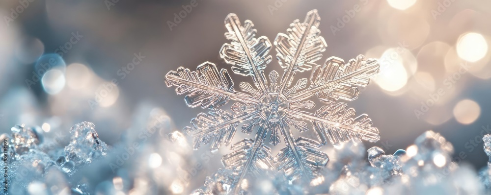 Poster delicate snowflake resting on sparkling ice, showcasing intricate patterns and the beauty of winter'