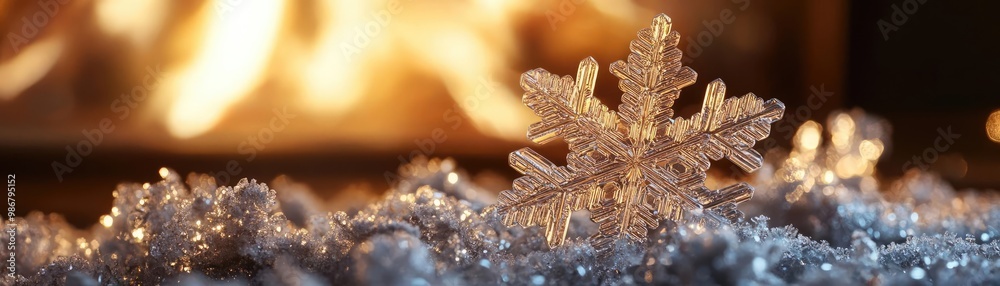Poster A beautiful snowflake resting on a layer of frost, with a warm fire glowing in the background, creating a cozy winter atmosphere.