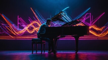 man playing piano with music in dark light