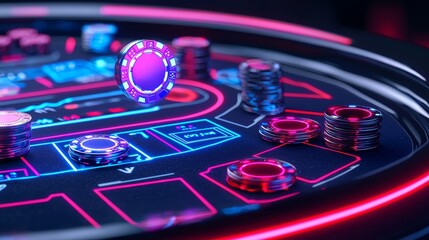 A vibrant, futuristic casino scene featuring illuminated poker chips and a glow around a gaming table, suggesting a thrilling gambling experience.