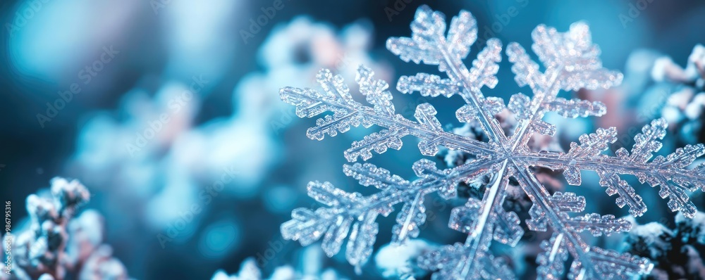 Poster A close-up of a delicate snowflake showcasing intricate patterns against a cool blue backdrop, embodying the essence of winter.