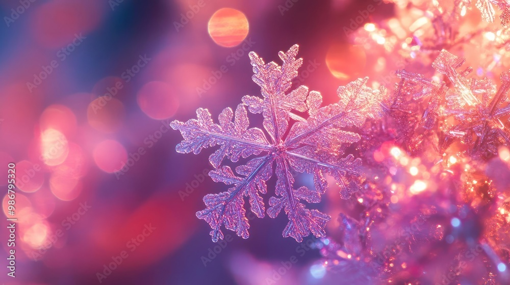 Poster a stunning close-up of a snowflake surrounded by vibrant lights, capturing the magic and beauty of w