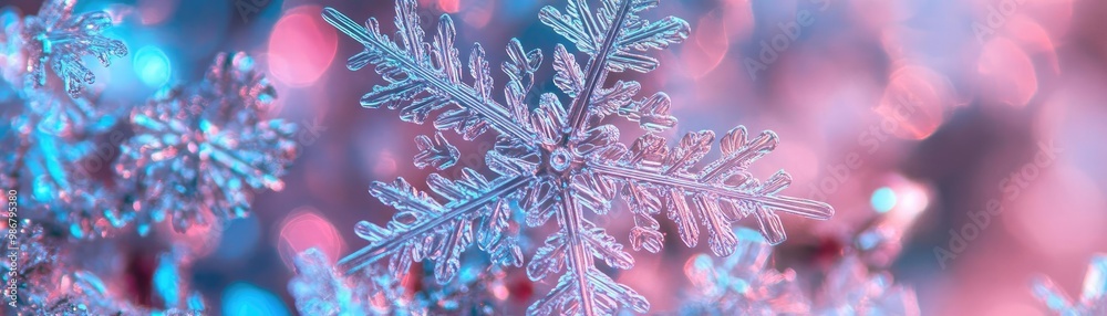 Poster A close-up view of a delicate snowflake showcasing intricate details and vibrant colors, perfect for winter-themed designs.