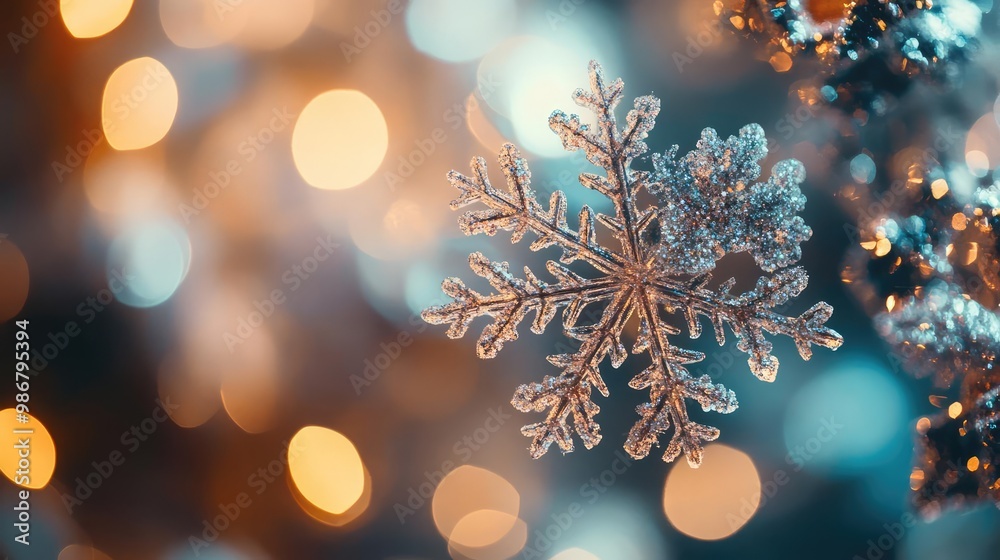 Poster close-up of a delicate snowflake, shimmering against a backdrop of soft holiday lights, capturing th
