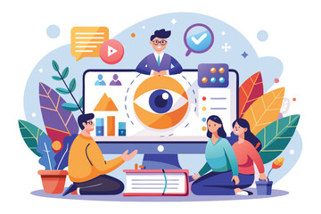Obraz premium A vibrant illustration showing diverse individuals interacting during an engaging webinar presentation, Customizable illustration for webinars that stands out.