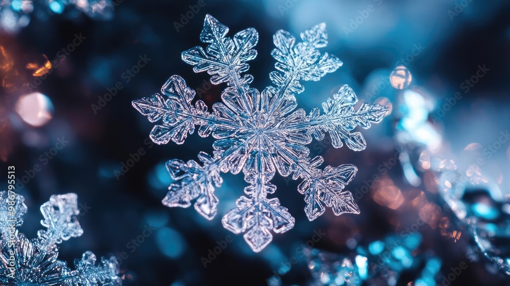Poster close-up of a delicate snowflake with intricate patterns, glistening against a blurred winter backgr