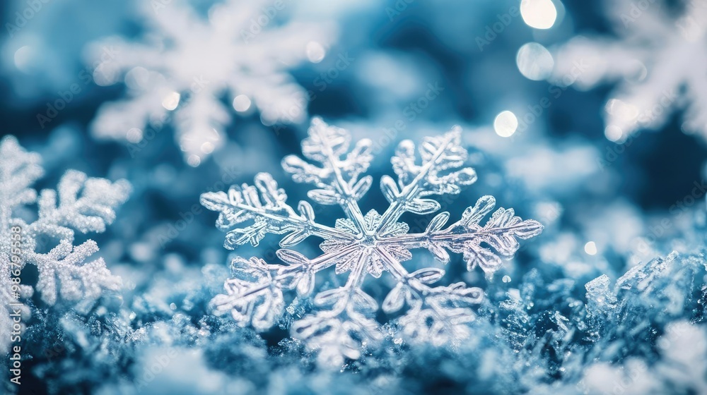 Poster close-up of delicate snowflakes on a sparkling icy background, showcasing intricate patterns and win