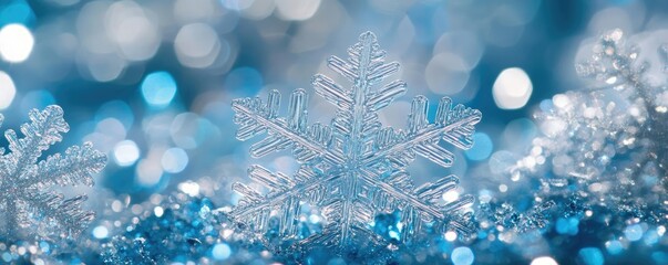 Delicate snowflake glistening on a bed of shimmering blue crystals, capturing the essence of winter's beauty and tranquility.