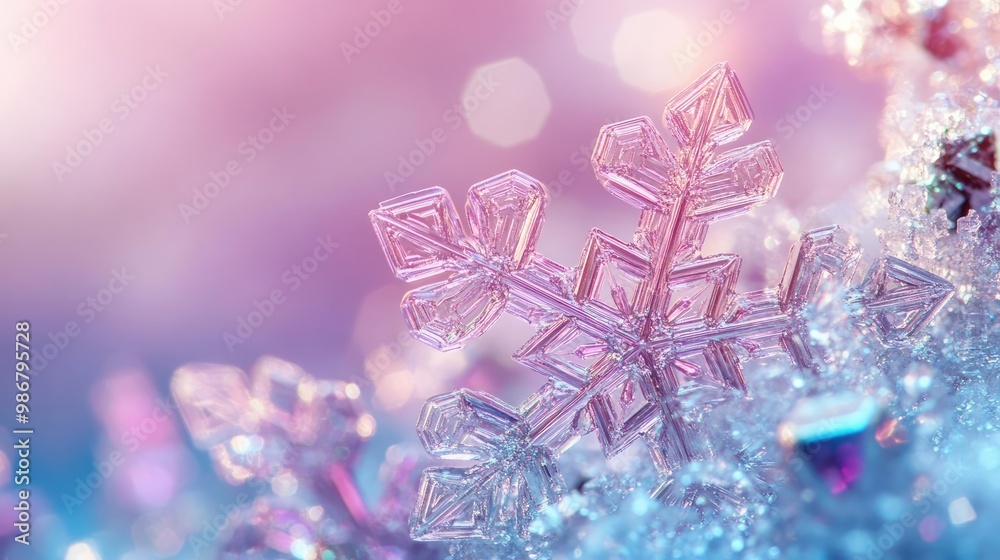 Poster close-up of a delicate snowflake resting on shimmering ice, capturing the beauty and intricacy of wi
