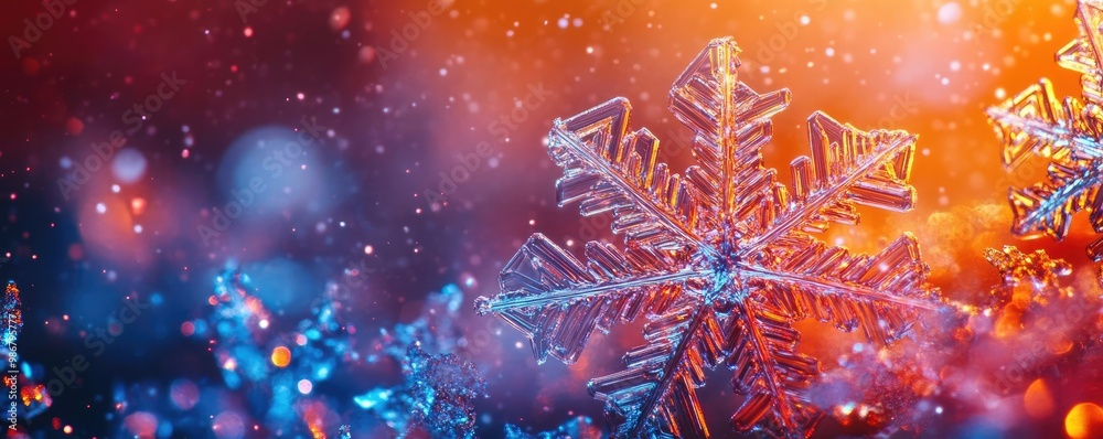 Aufkleber captivating close-up of a snowflake with vibrant colors, highlighting intricate patterns against a c