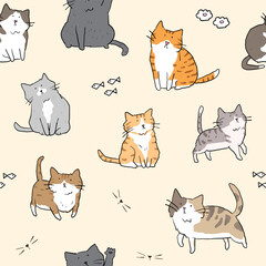 Seamless Pattern with Cartoon Cat Character Design on Light Yellow Background