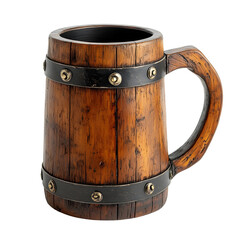 Detailed Rustic Wooden Beer Mug with Metal Accents on White Background