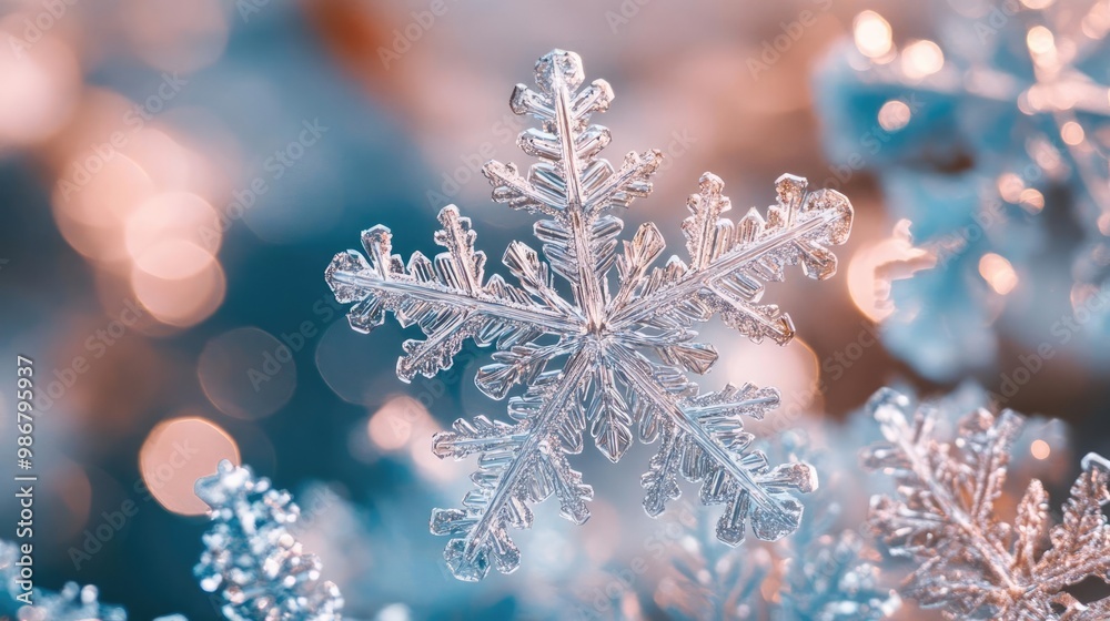Poster a stunning close-up of a delicate snowflake with intricate patterns, capturing the beauty of winter'