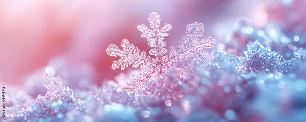 Poster a delicate snowflake resting on a bed of glistening snow, showcasing intricate patterns and colors i