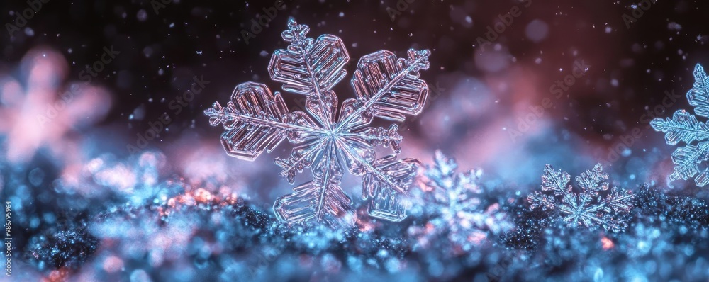 Poster a stunning close-up of intricate snowflakes resting on a shimmering surface, capturing the beauty of
