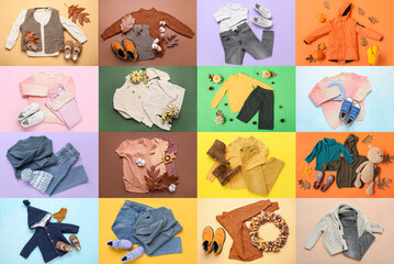 Collage of different autumn clothes for children on color background