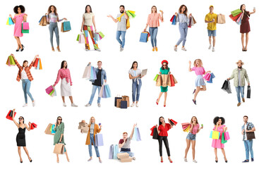 Fototapeta premium Set of many different people with shopping bags on white background
