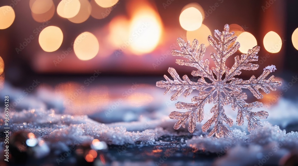 Poster A beautiful snowflake rests on soft snow with a charming fireplace in the background, creating a cozy winter atmosphere.