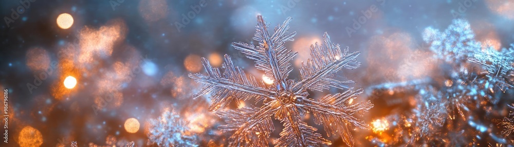 Aufkleber Close-up of a snowflake with sparkling details and soft bokeh lights, creating a magical winter atmosphere.