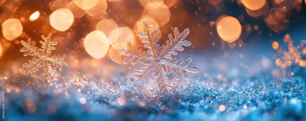 Aufkleber a beautiful snowflake rests on a bed of soft snow, surrounded by shimmering bokeh lights, evoking a 