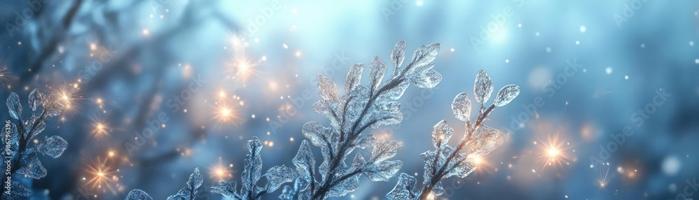 Poster a serene winter scene showcasing delicate frost-covered branches against a dreamy, soft-focus backgr