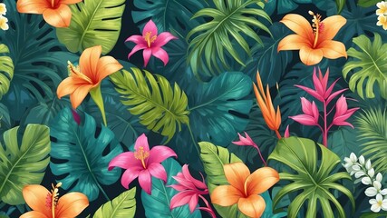 Fototapeta premium Tropical Plants and Flowers Cartoon Background Design