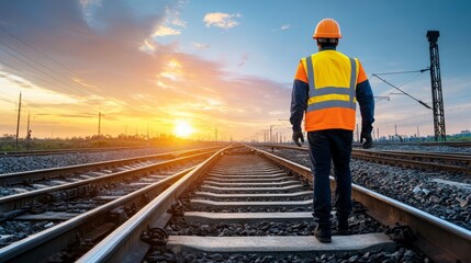 Fototapeta premium Worker on Railroad Tracks at Sunset