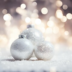 Silver Glitter Holiday Christmas Ornaments with Pearls and Faux Snowflakes and Bokeh Lights in the Background