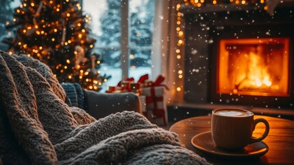Cozy winter scene with a warm drink by the fireplace.
