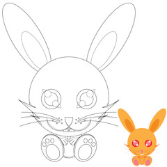 vector graphics of a cute bunny with line drawings for coloring and color drawings as examples. Can be used as a coloring book or for other print media
