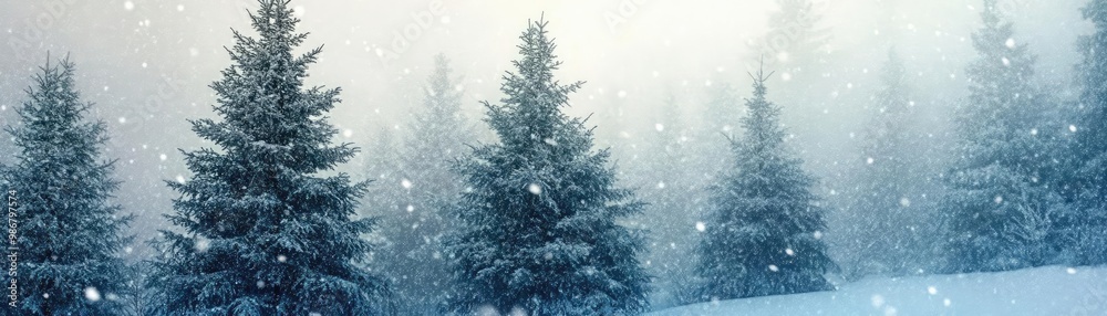 Poster a serene winter landscape featuring snow-covered trees and gentle snowfall, creating a tranquil and 