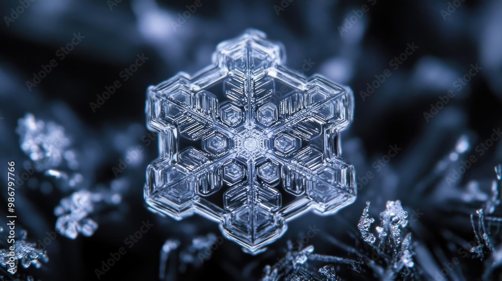 Poster Close-up of a delicate snowflake resting on a dark surface, showcasing its unique crystalline structure and intricate design.