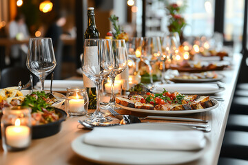 Fototapeta premium Flow of Form : A long dining table with candles leading towards a gourmet meal. Generative AI.