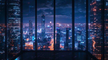A panoramic shot of a city skyline at night through a window - generative ai. City at Night. Illustration