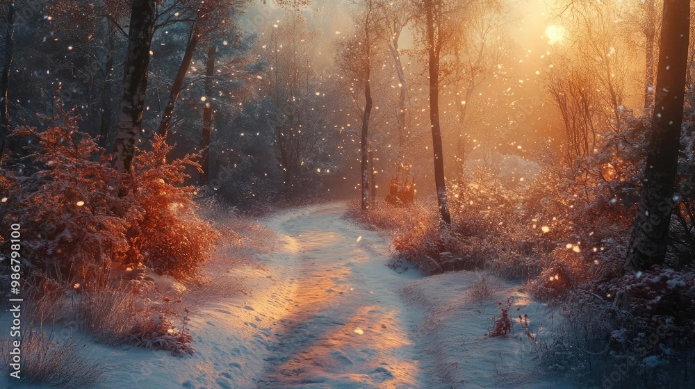 Poster a serene winter scene featuring a snow-covered path through a forest, illuminated by soft sunlight a