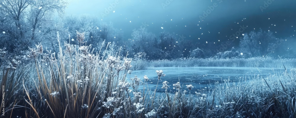 Poster a serene winter landscape featuring a frozen lake surrounded by frosty grass and trees under soft sn