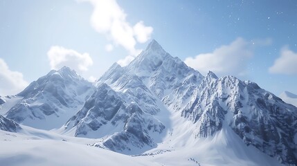 Stunning mountain peak covered in snow, with a bright blue sky and fluffy clouds above. The scene is peaceful and serene, and the vastness of the mountain range is awe-inspiring.