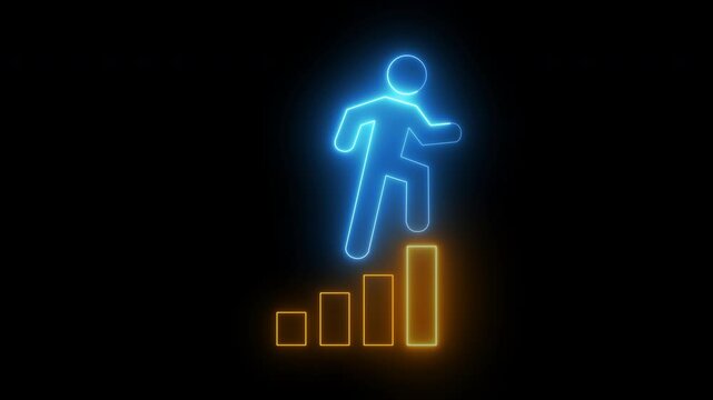 Business improve concept, parts of your business that need to be refined or could perform better. Glowing neon line of man icon above growing index isolated on transparent background.