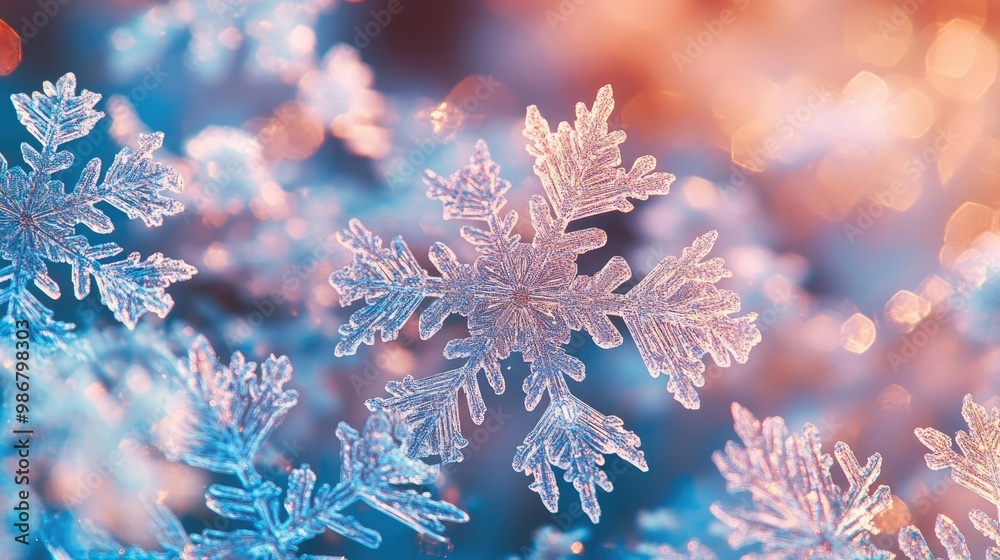 Poster Close-up of a delicate snowflake with intricate patterns against a soft, blurred winter background evoking a serene atmosphere.