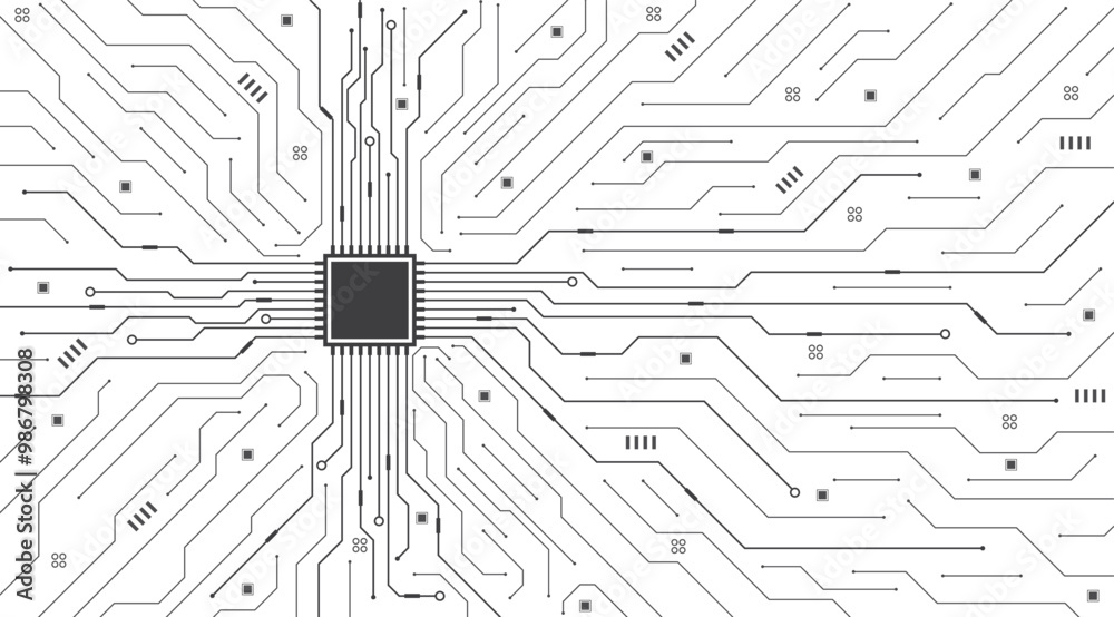 Aufkleber Electronic motherboard circuit board texture. Abstract background Black-white tone. Digital circuit line and curve polygonal connections concept. Vector illustration.