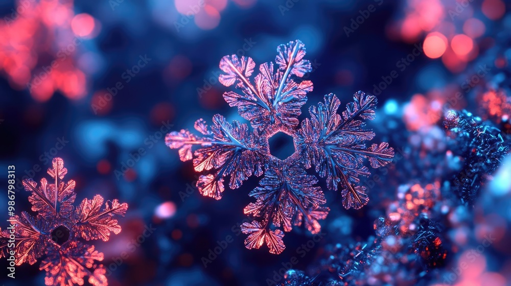 Poster beautiful macro snowflake showcasing intricate patterns and vibrant colors, ideal for winter-themed 