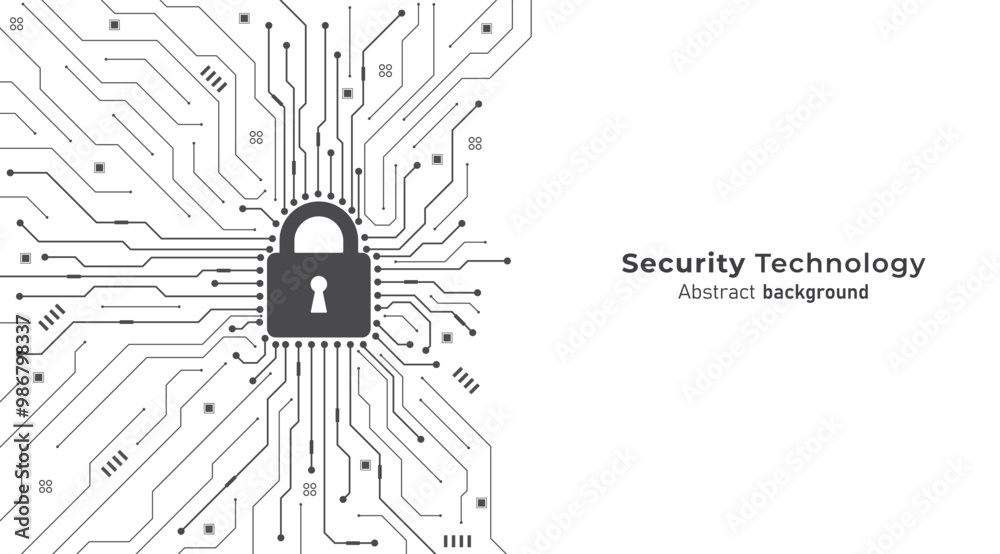 Poster Padlock on circuit board. Black-white color tone. Secure system and network protection technology concept. Cyber security technology background. Vector illustration design for banner and template.